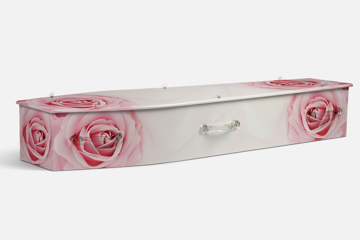 Pink Rose coffin in a close up photographic design of large pale pink rose blooms
