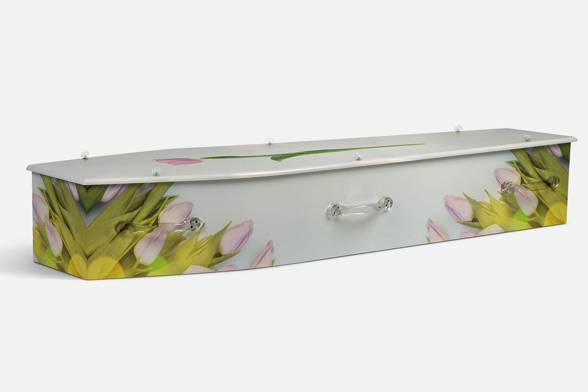 Pink Tulipade coffin in a photographic design of pink and yellow tulips with green leaves