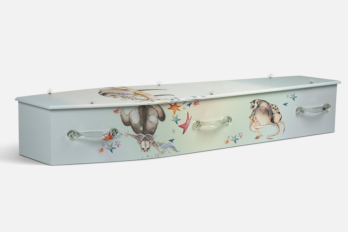 Possum Magic coffin in soft green and blue watercolour with illustrated possums and scattered stars