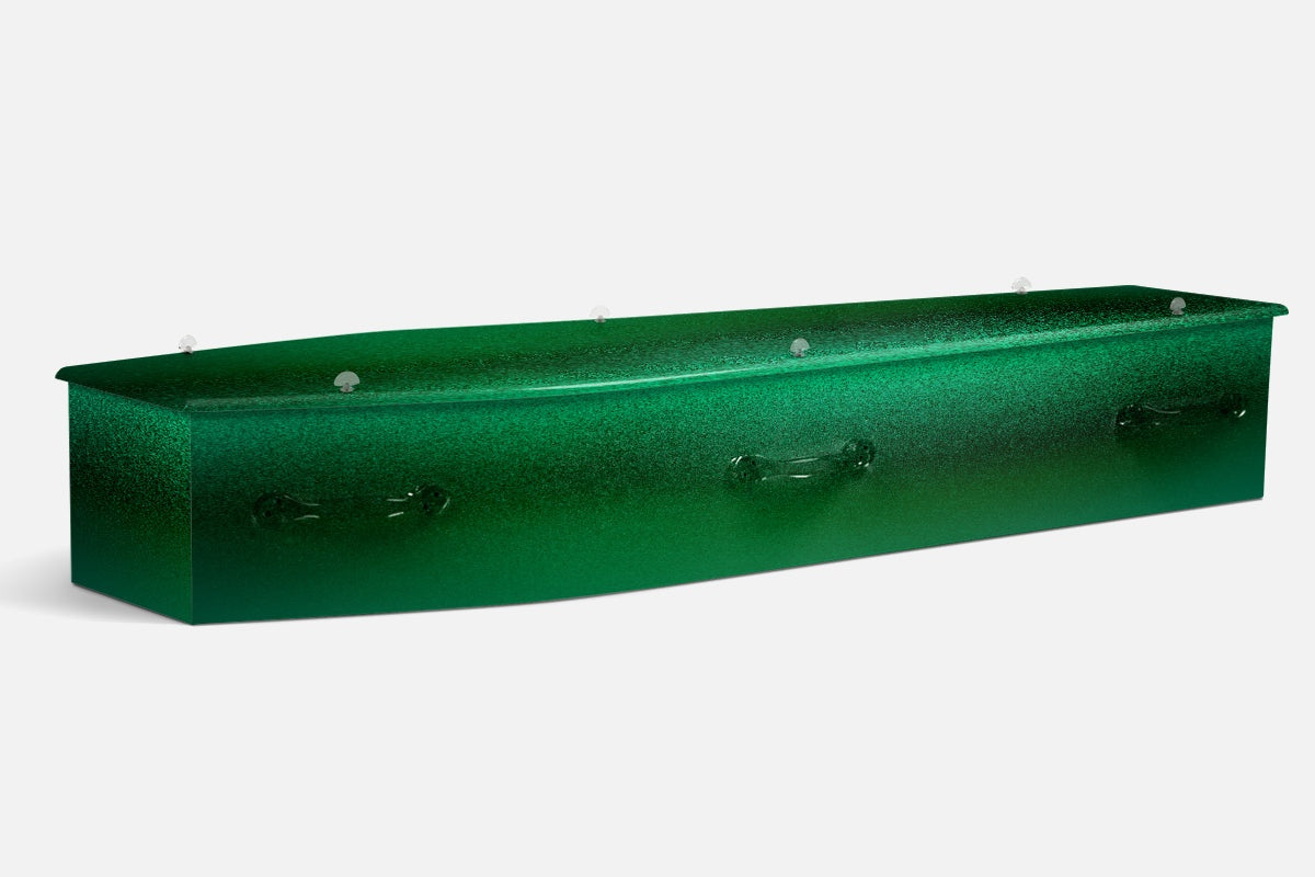 Radioactive coffin in a solid vivid green metallic finish across the whole surface