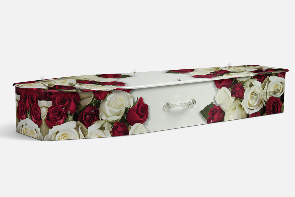 Red White Roses coffin in a photographic bouquet of deep red and cream white rose blooms
