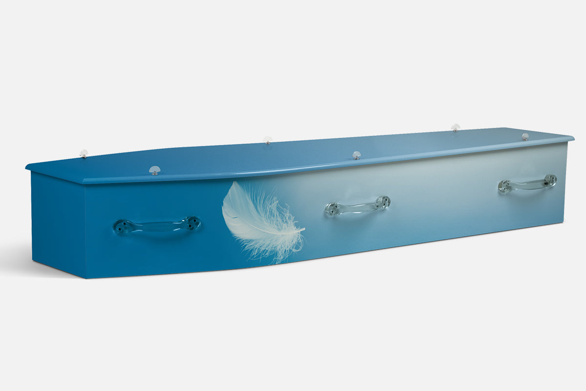 Rest In Peace coffin in a blue gradient with a single white feather