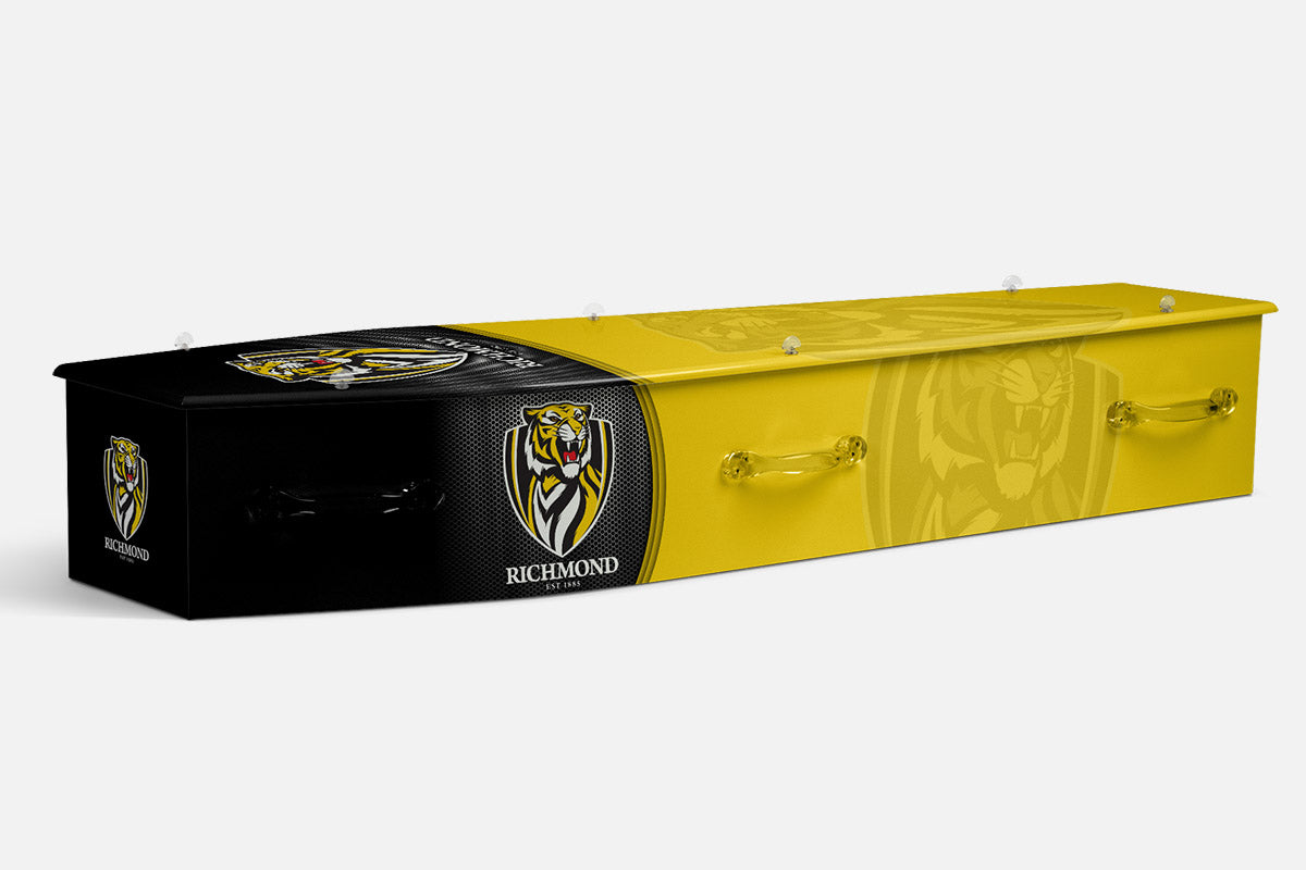 Richmond coffin in black and yellow with a tiger head crest and Richmond lettering
