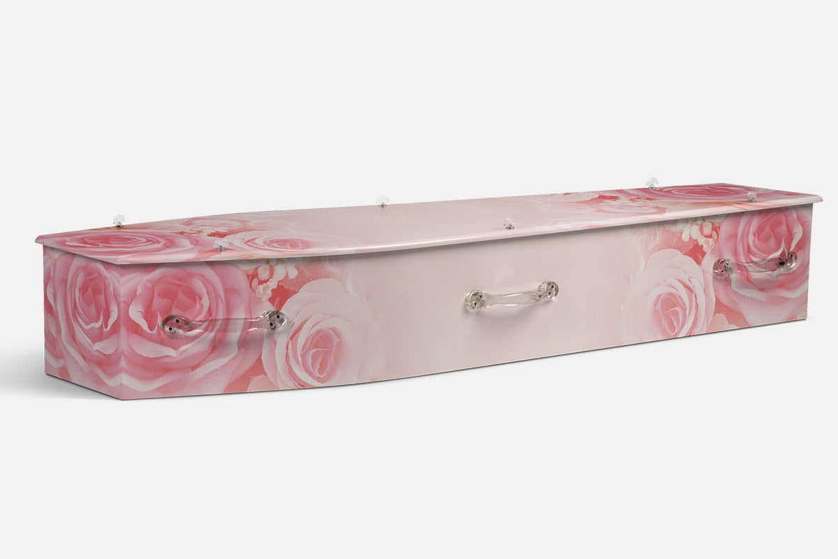 Rose Bouquet coffin in a soft photographic design of pale pink roses in close up