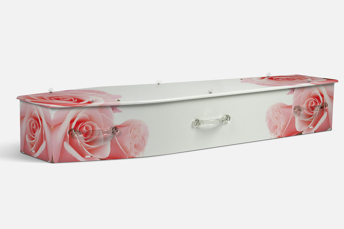 Rose Symphony coffin in a soft photographic design of pale pink roses on white