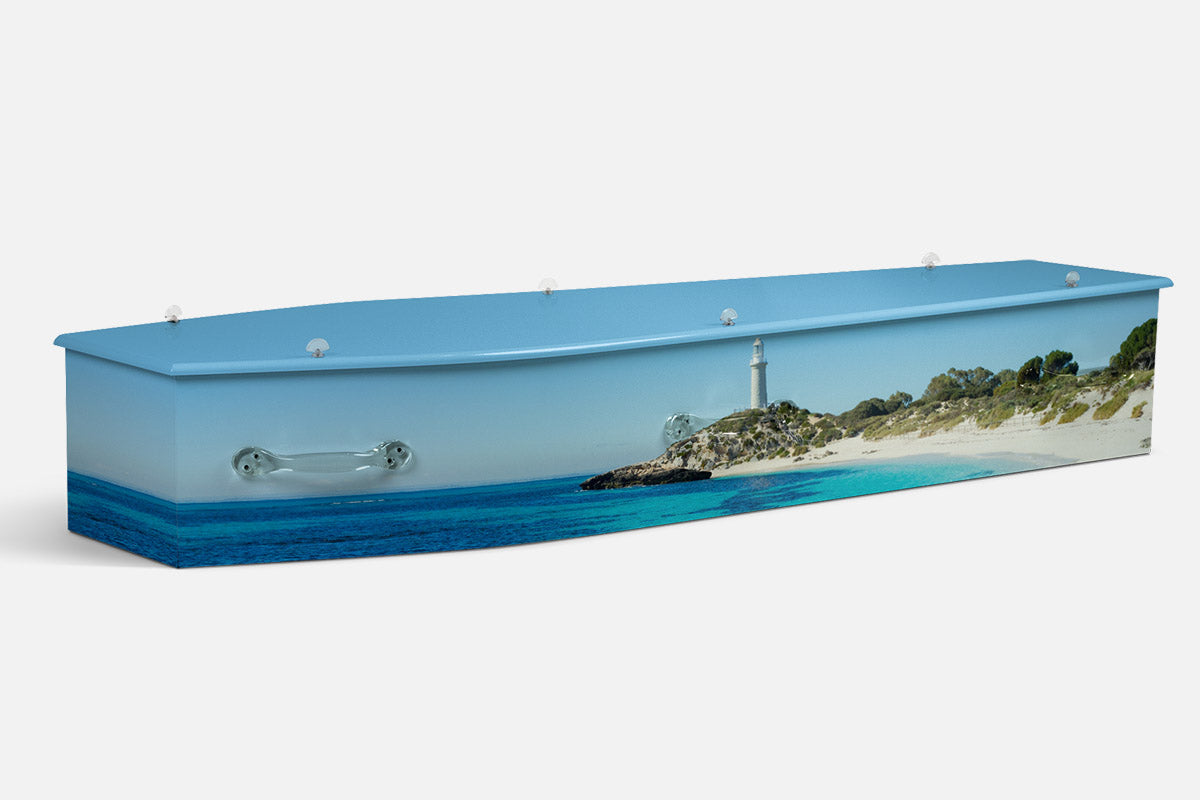 Rottnest Island coffin in a photographic scene of a white lighthouse on a headland by turquoise water