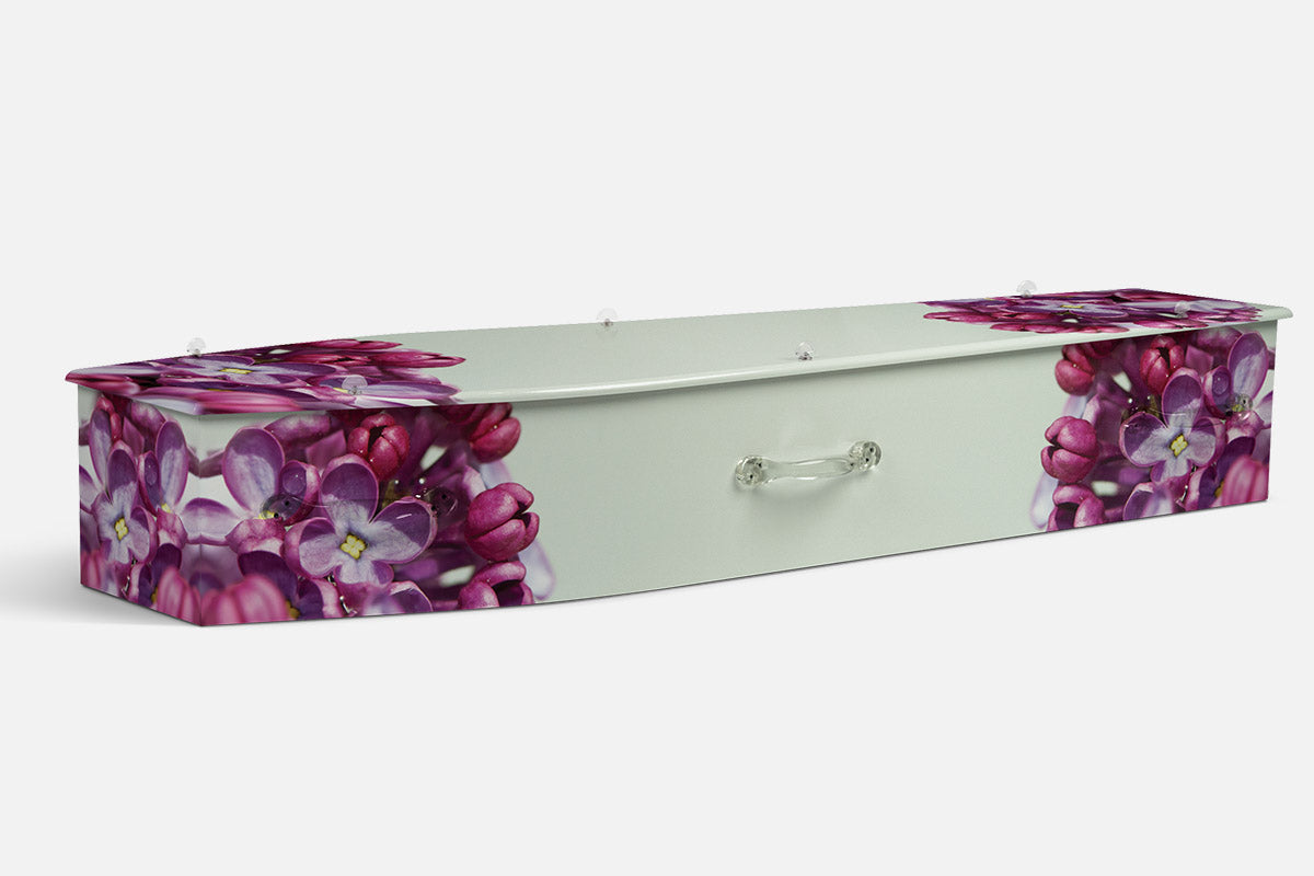 Royal Lilacs coffin in a photographic design of deep purple lilac clusters on pale green