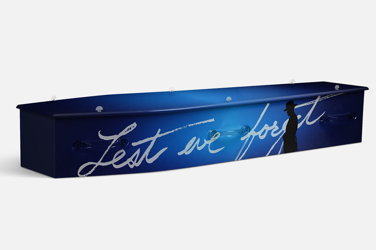 RSL coffin in deep blue with Lest We Forget script and a soldier silhouette in a slouch hat
