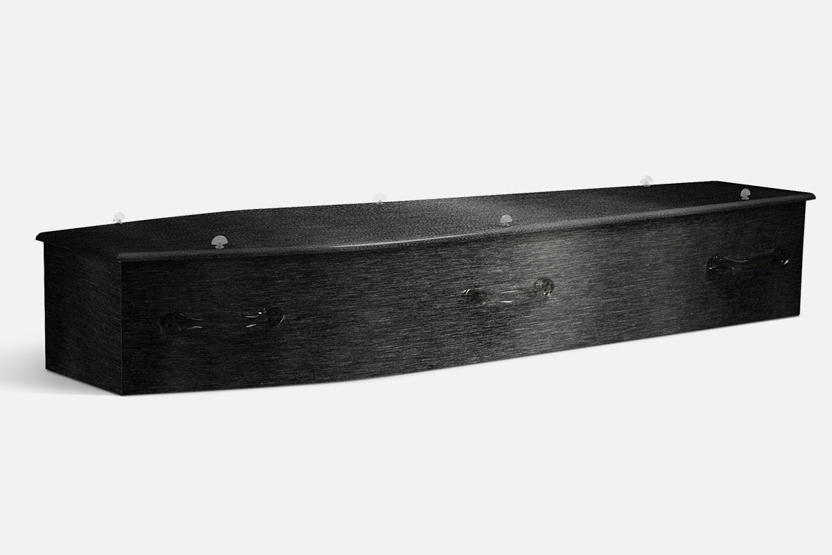 Rust coffin in a dark charcoal black brushed wood grain finish