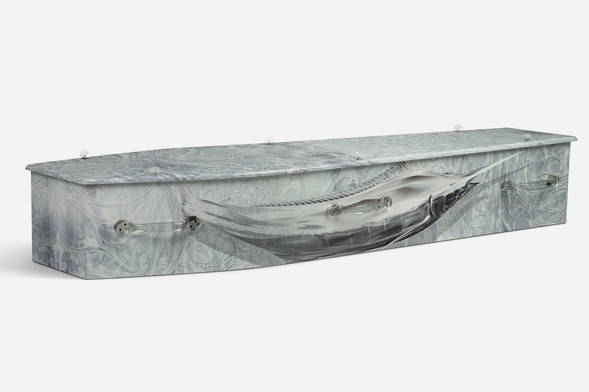 Silver Marlin coffin in grey with a marlin illustrated against a swirling monochrome water pattern