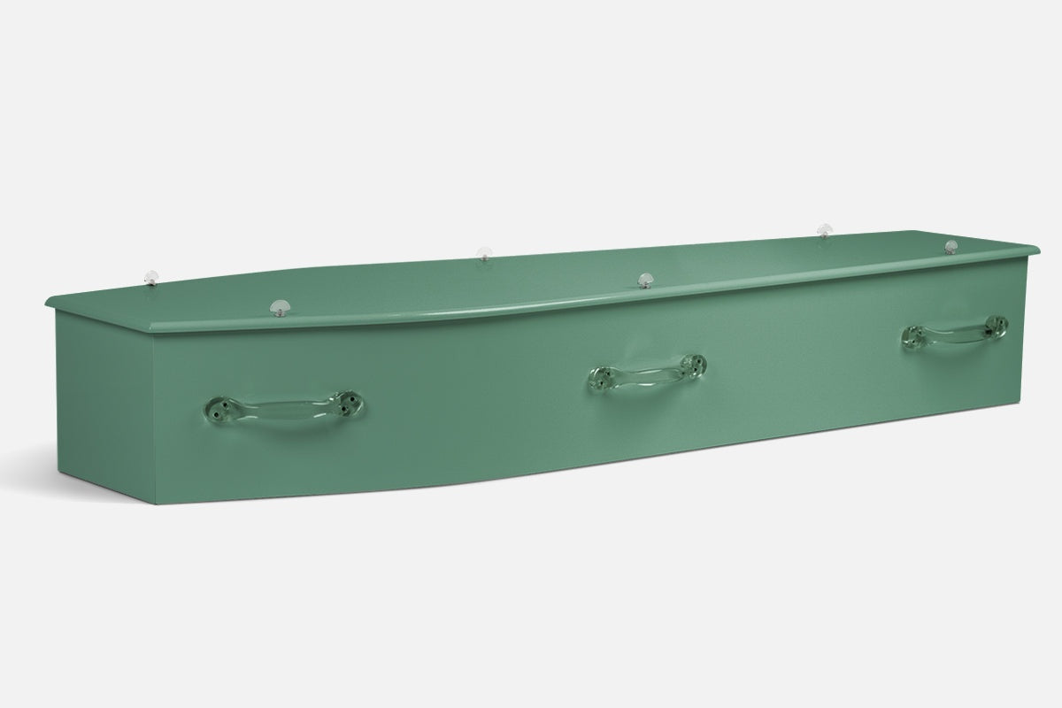 Smooth Sage coffin in a solid, muted sage green finish across the whole surface
