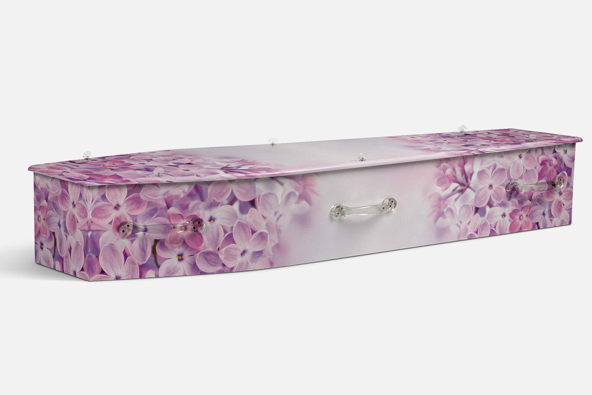 Soft Lilacs coffin in a photographic design of purple lilac clusters on a light background
