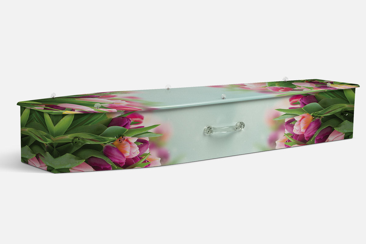 Spring Tulips coffin in a photographic design of magenta and pink tulips with green leaves
