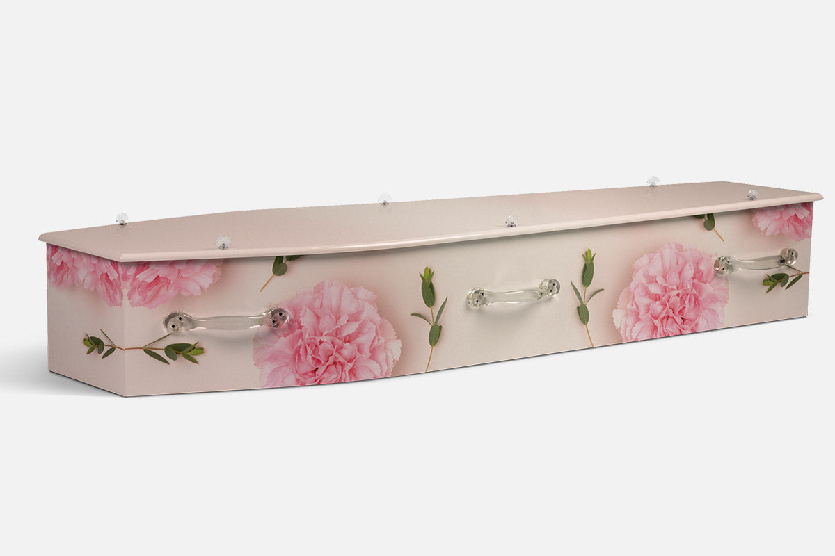 Springtime Carnation coffin in a photographic design of pink carnations with green eucalyptus sprigs
