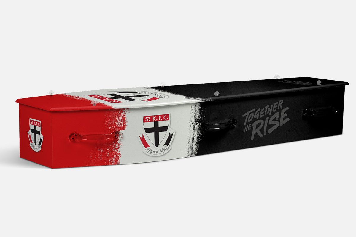 St Kilda coffin in red, white and black brushstroke sections with the saints shield crest