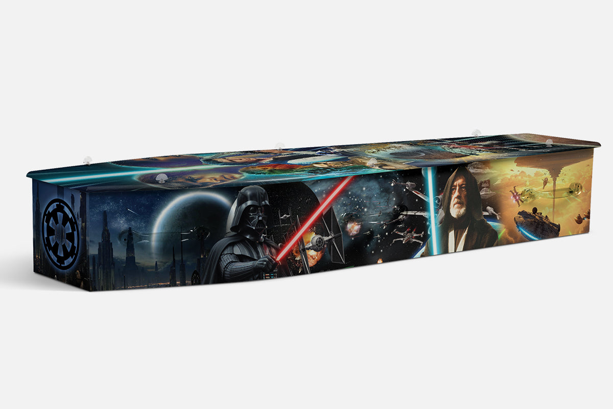 Star Wars coffin in dark blue with Darth Vader, Obi Wan and starship scenes across the panels