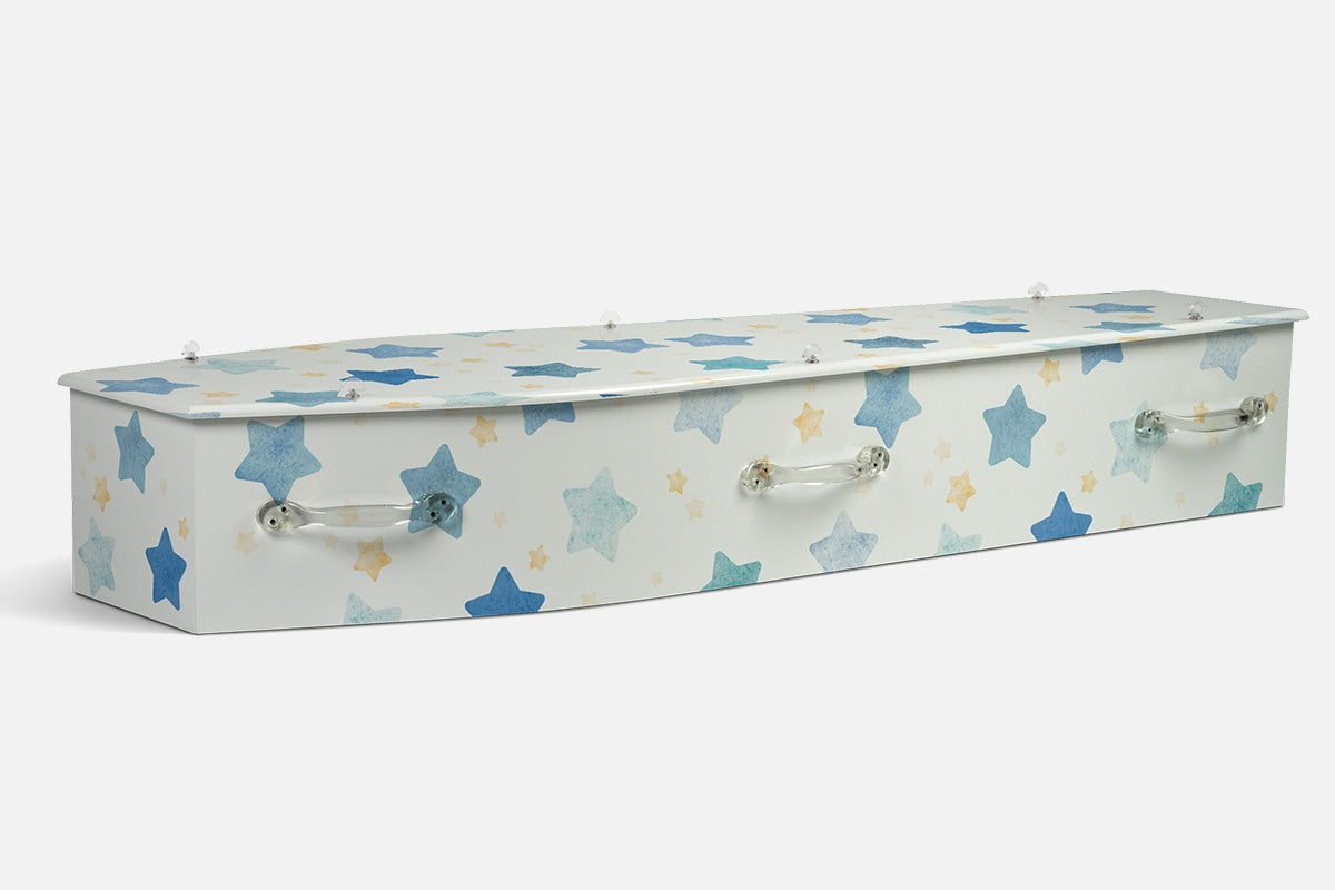 Stars coffin in blue, teal and soft gold watercolour stars scattered across a plain white background