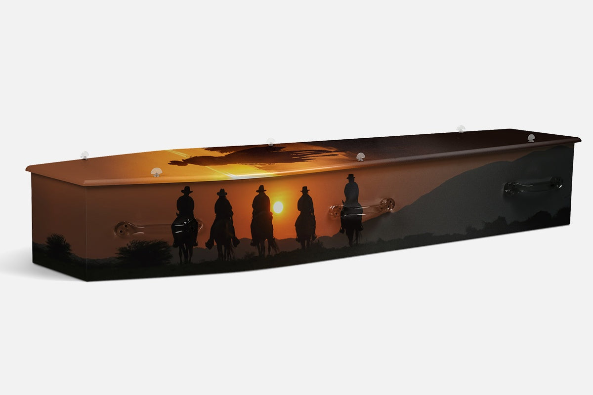 Stockman coffin with five silhouetted riders on horseback lined up against an orange and grey sunset