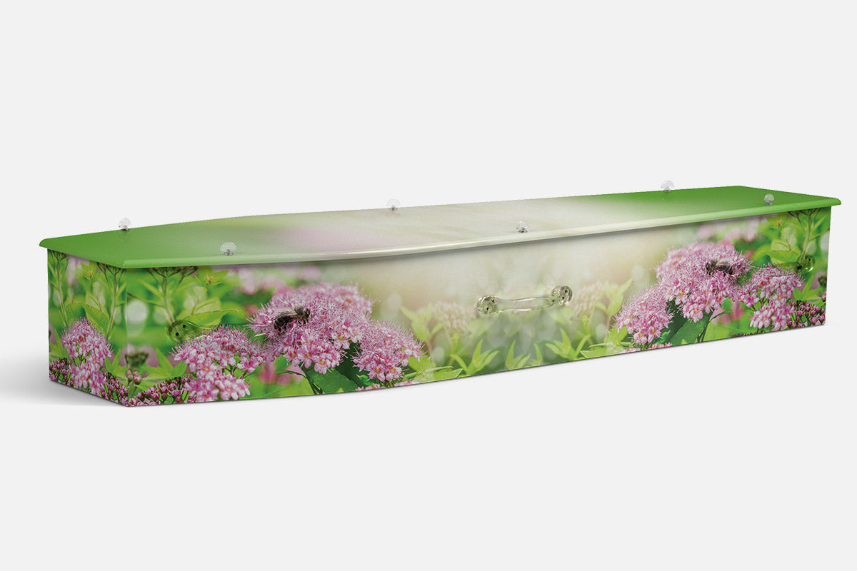 Summer Garden coffin in a photographic design of pink wildflowers, bees and green foliage