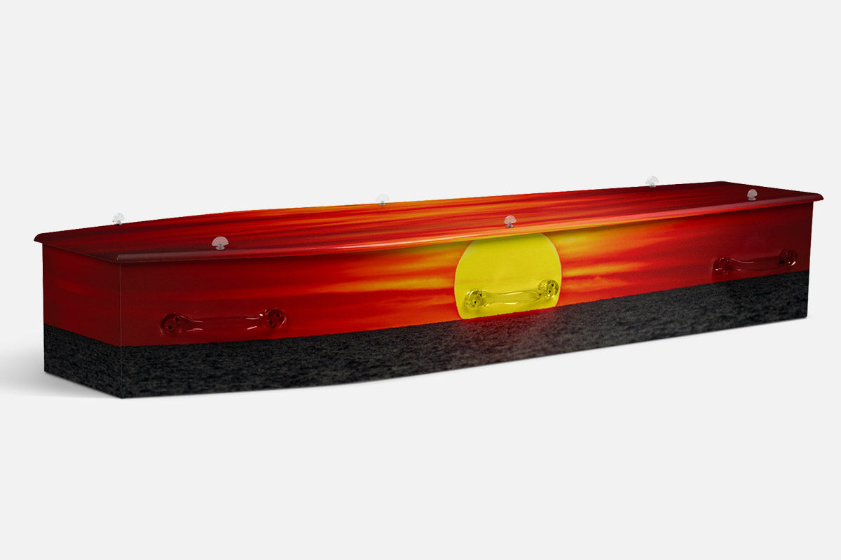Sunset Dreaming coffin in red and orange with a glowing sun over a dark textured horizon