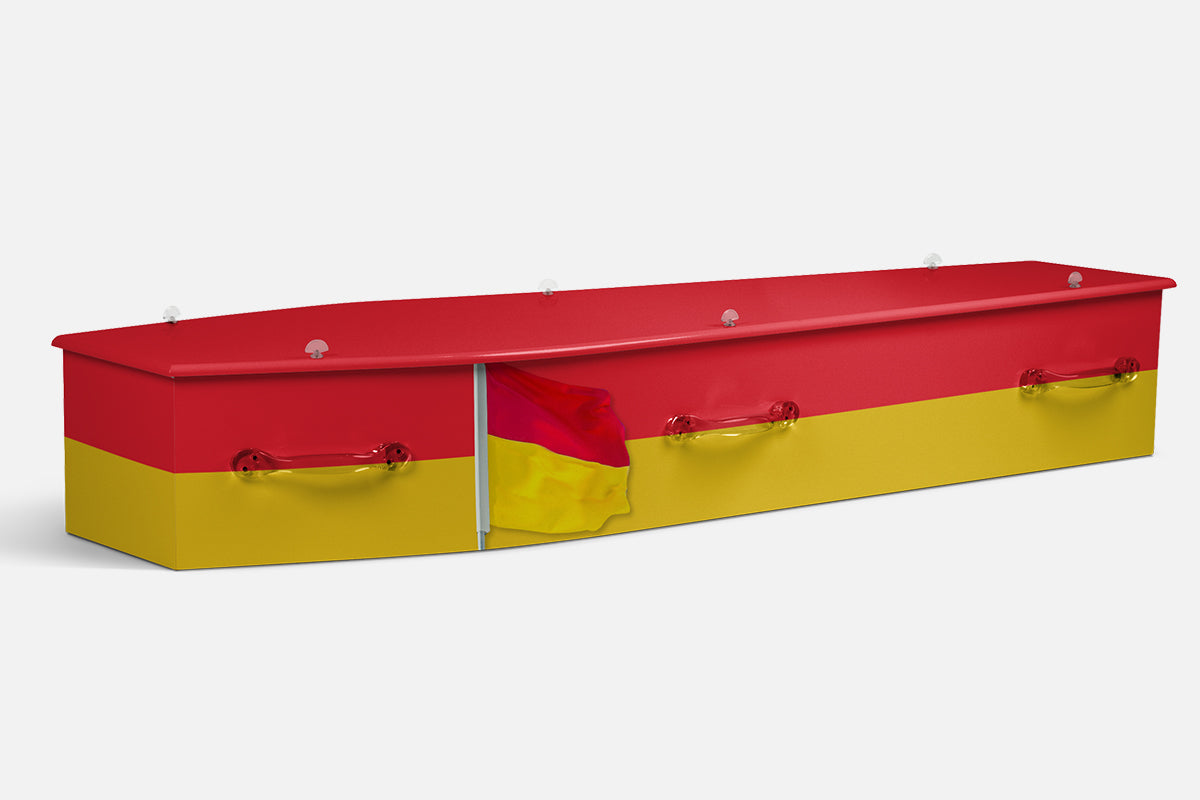 Surf Life Saving coffin in the red and yellow colours with a matching flag on the end