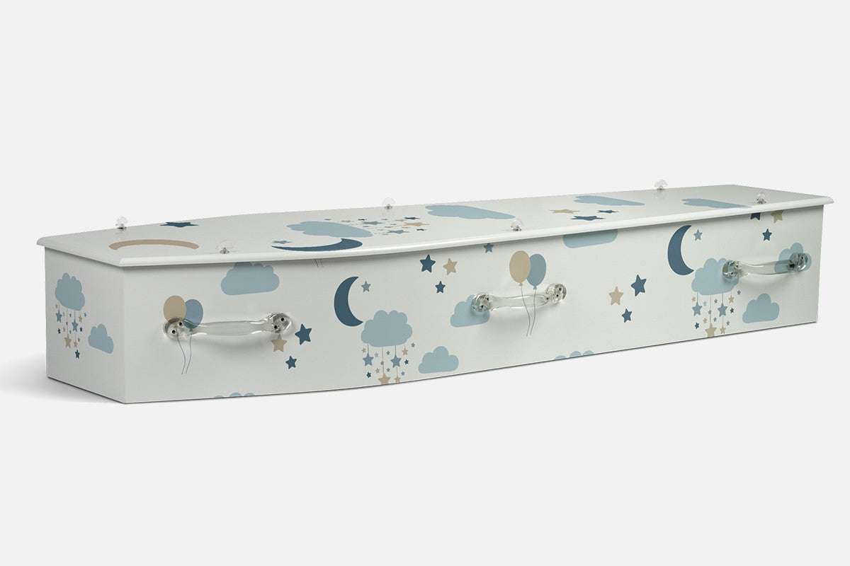 Sweet Dreams coffin in pale blue and tan with illustrated clouds, crescent moons, stars and balloons