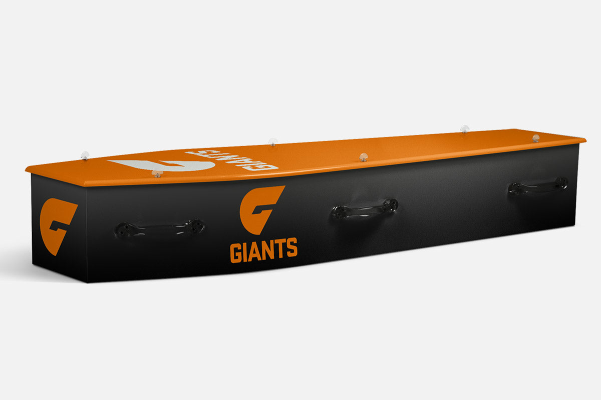 Sydney Giants coffin in orange and black with the G emblem and Giants lettering