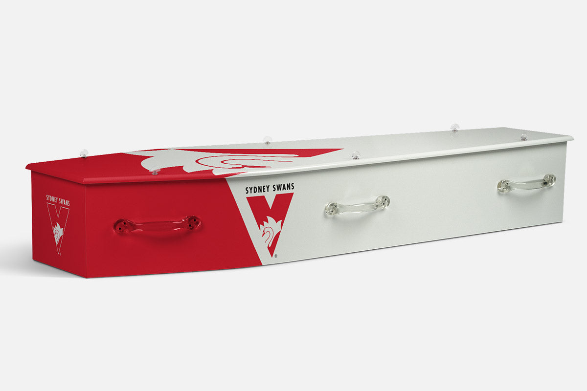 Sydney Swans coffin in red and white with a swan silhouette and Sydney Swans shield crest