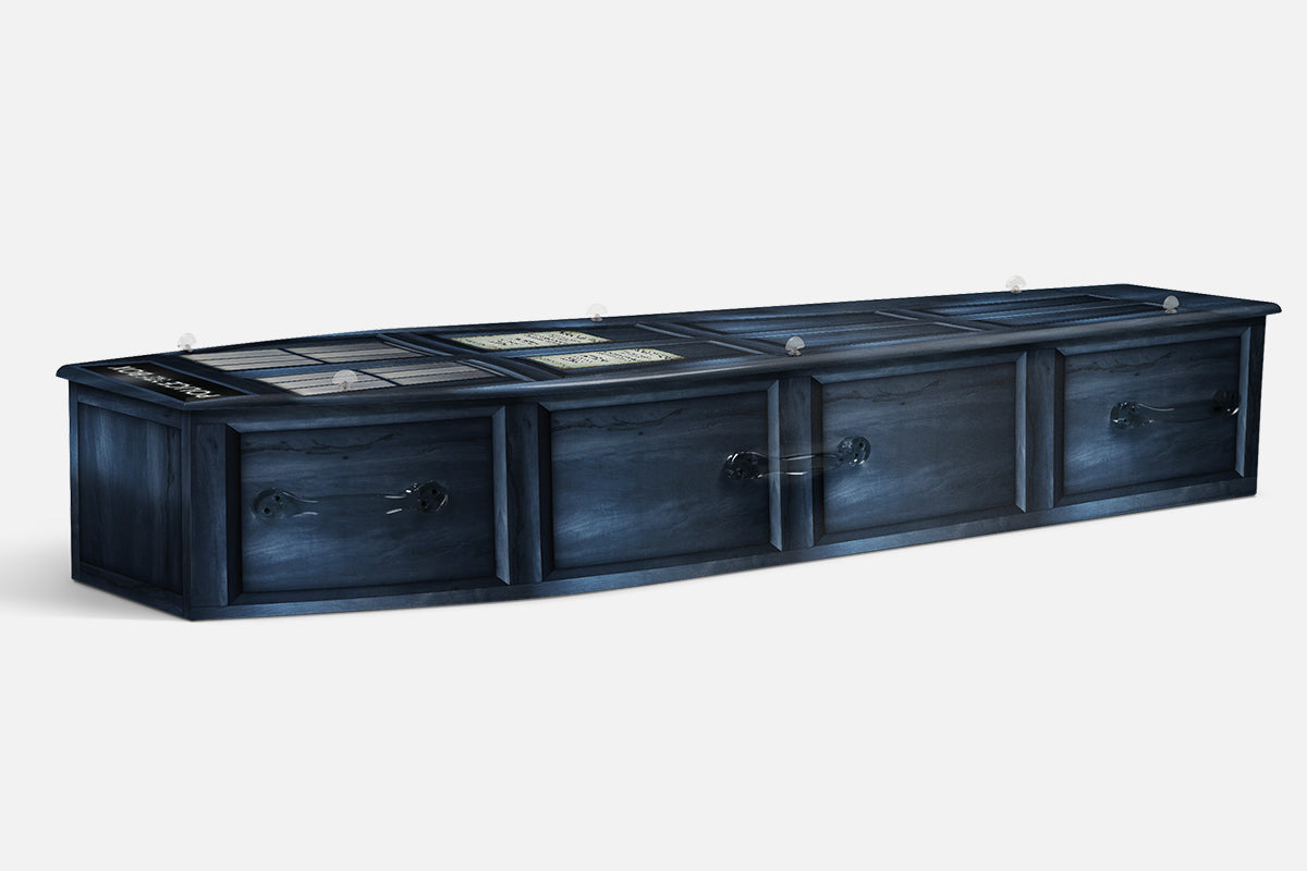 Tardis coffin in navy blue woodgrain styled as a police box with panelled doors and small window signs