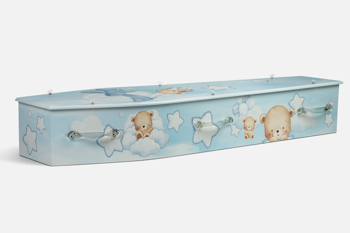 Teddy Bears coffin in sky blue with watercolour bears resting on clouds among stars and balloons