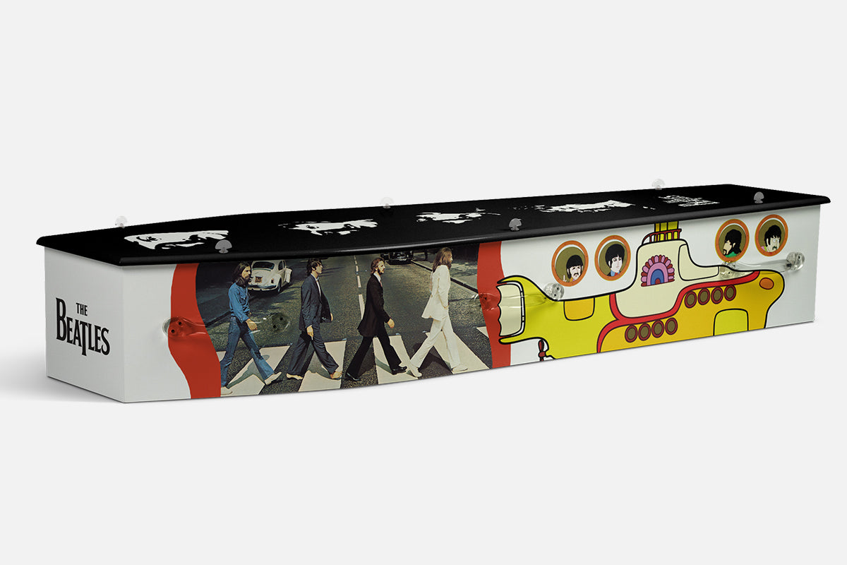 The Beatles coffin in black and white with the Abbey Road crossing photo and a yellow submarine cartoon