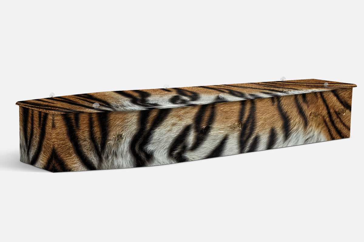 Tiger Print coffin in a close up tiger fur pattern of orange and black stripes with white accents