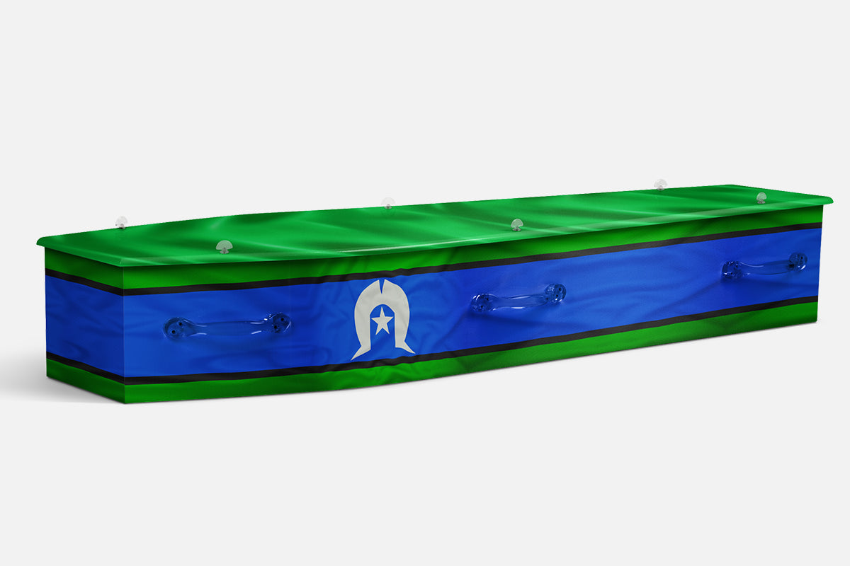 Torres Strait Flag coffin in green and blue bands with a white dhari headdress and star emblem
