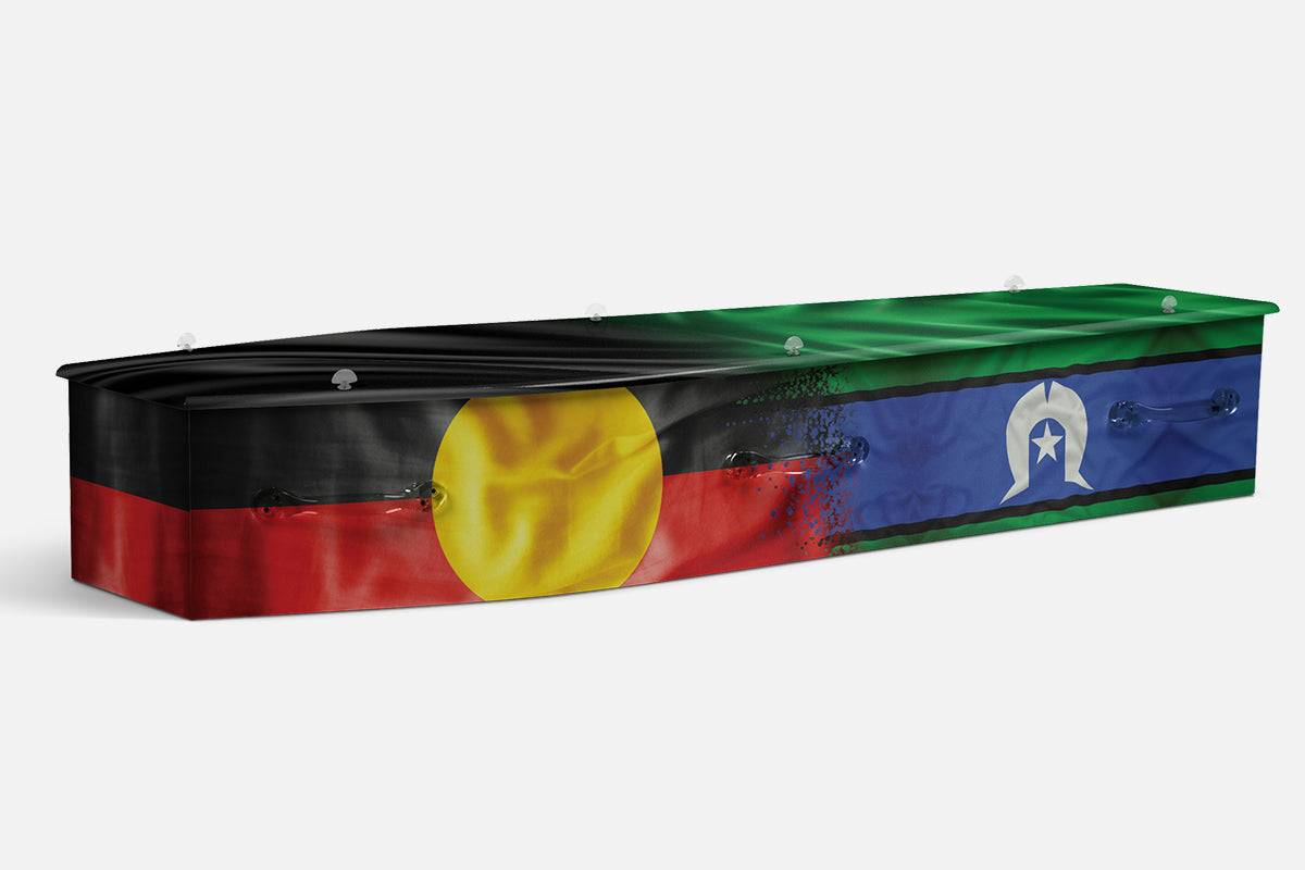 Unique Ancestry coffin combining the Aboriginal flag and Torres Strait Islander flag in fabric style