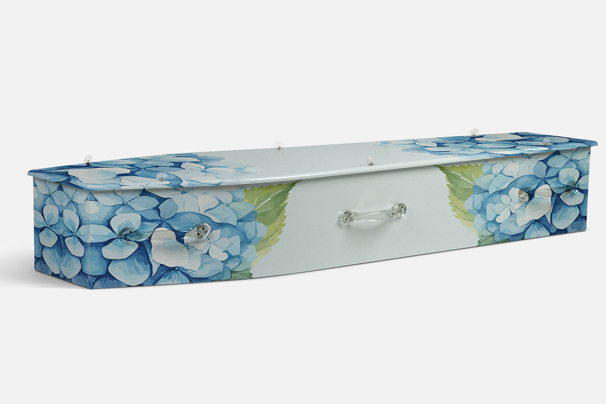 Watercolour Hydrangea coffin in an illustrated design of blue hydrangea blooms and green leaves