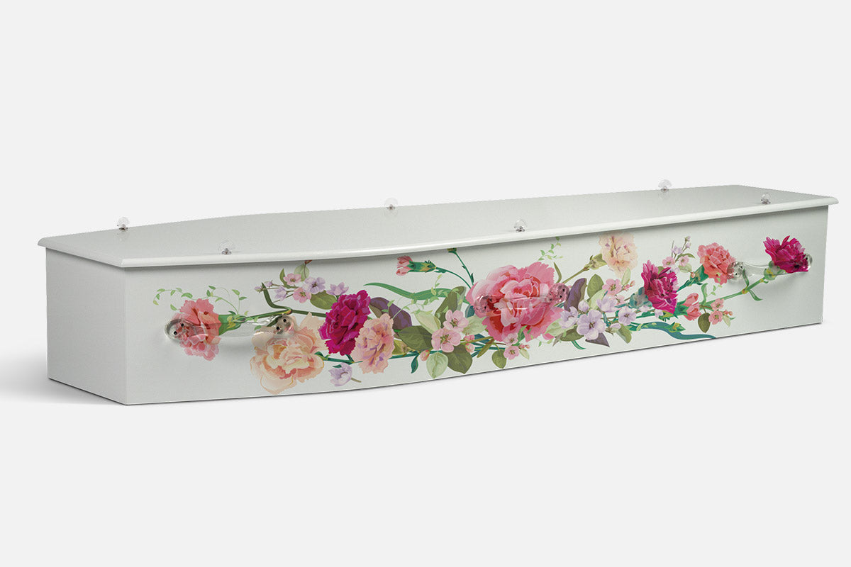 Watercolour coffin in an illustrated design of pink and coral flowers with green vines on white