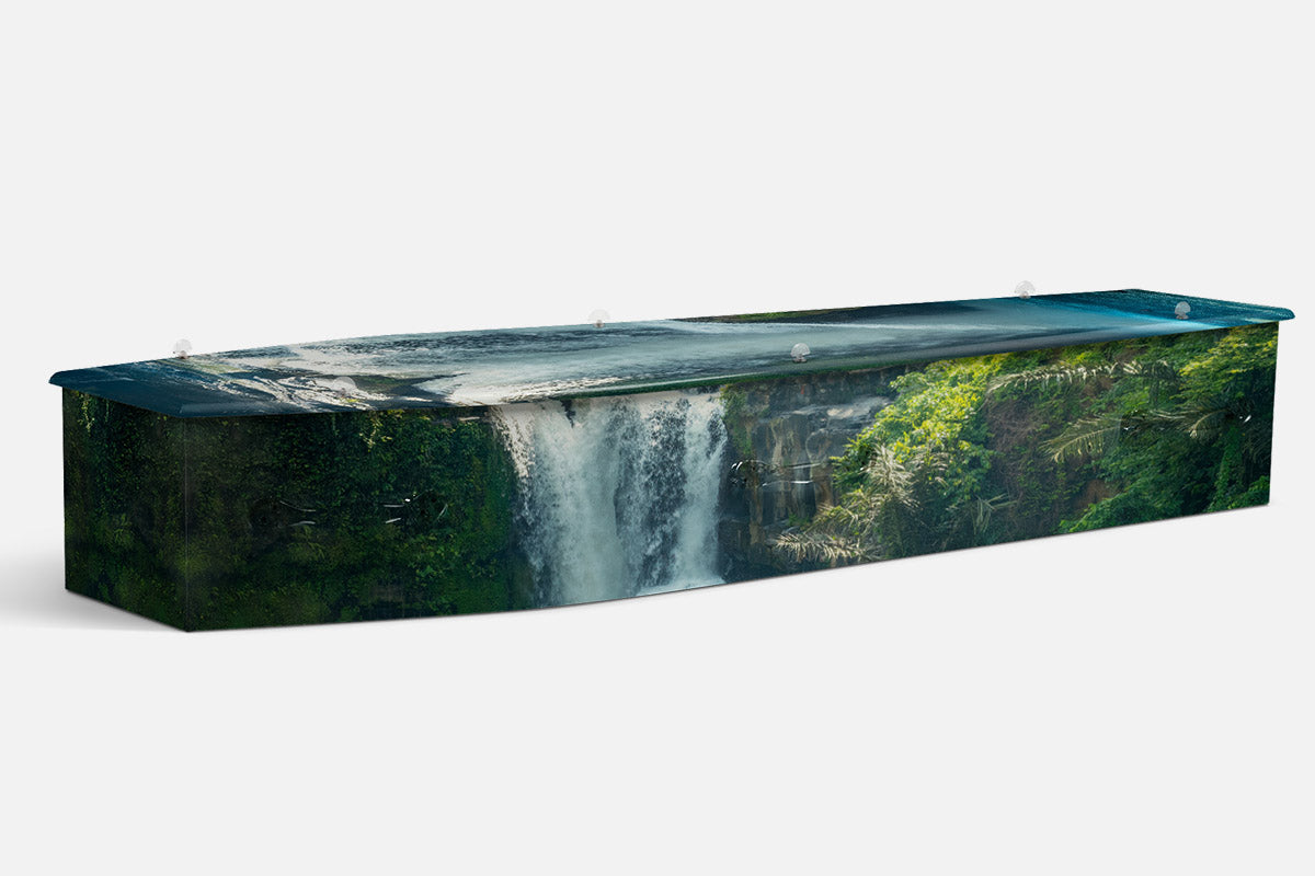 Waterfalls coffin in a green gorge scene with cascading water and moss covered rock