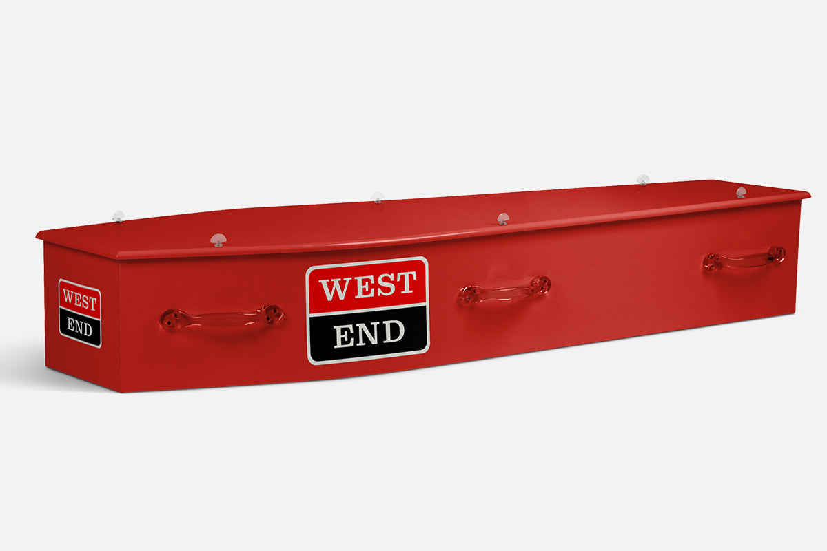 West End coffin in solid red with the black and red West End logo on the side and end panel