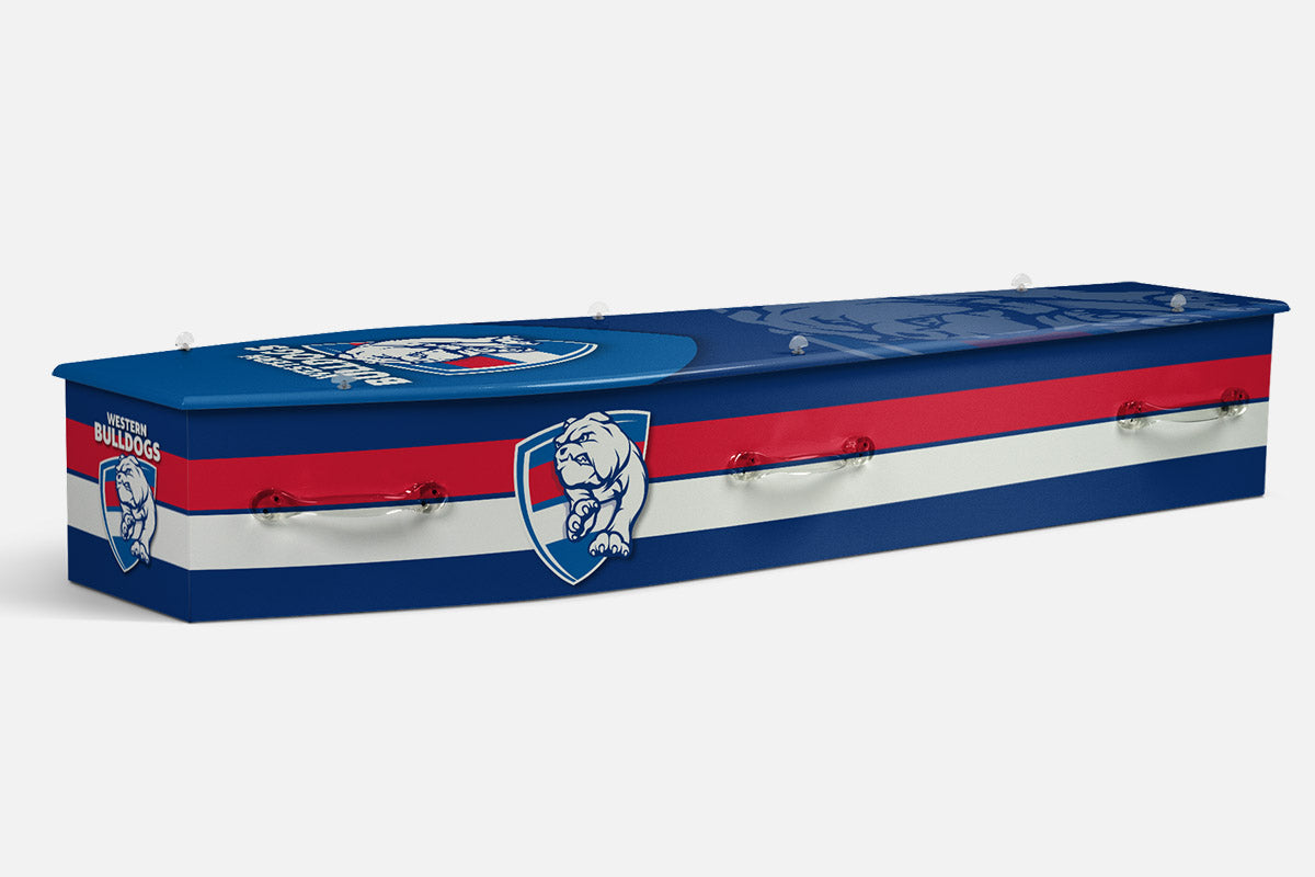 Western Bulldogs coffin in navy blue with a red and white stripe and the bulldog crest