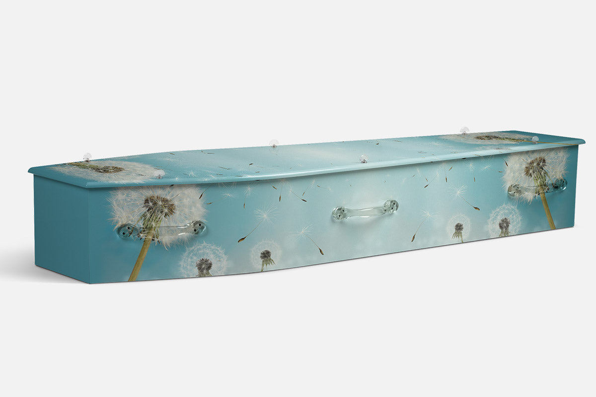 Whispering Dandelions coffin in a photographic design of white dandelion seed heads on teal blue