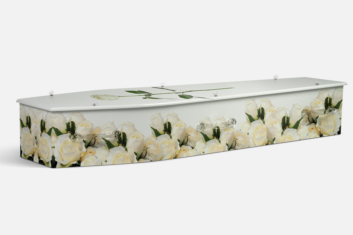 White Roses coffin in a photographic print of cream white roses along the sides with a single rose stem on the lid