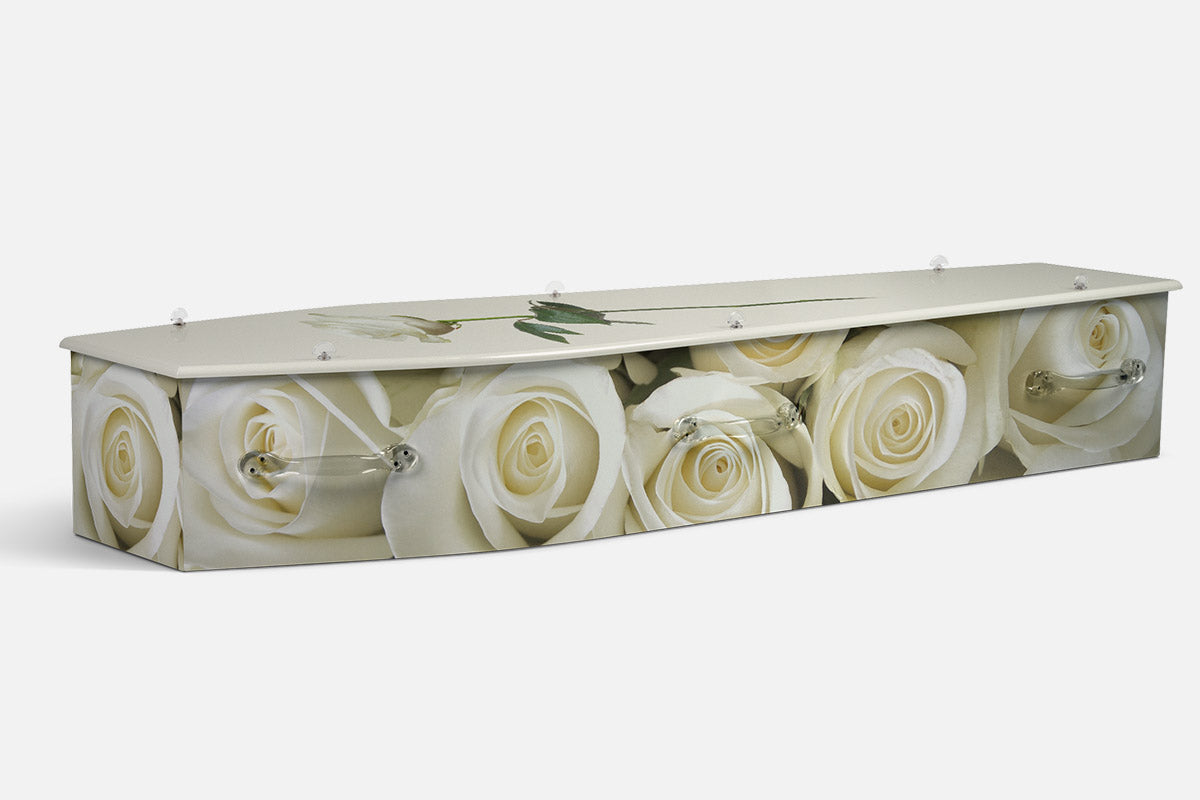 White Roses coffin in a close up photographic print of cream white roses covering the entire coffin
