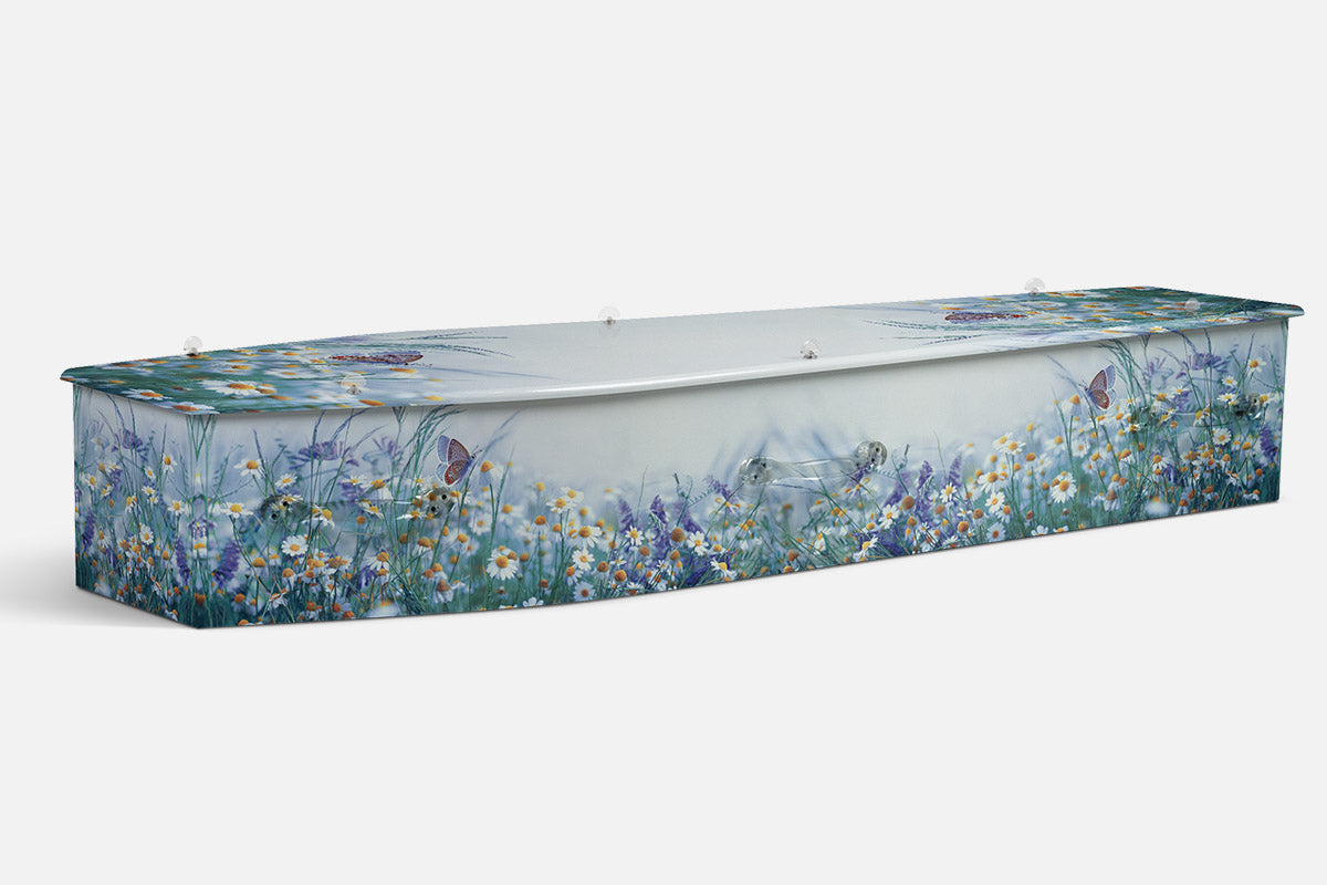 Wild Chomomile coffin in a soft meadow print of white daisies, purple flowers and butterflies