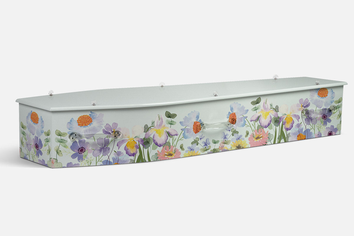 Wildflowers coffin in a watercolour illustration of purple, orange, pink and yellow flowers on a pale green background