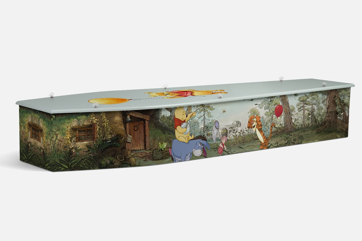 Winnie The Pooh coffin with Pooh, Eeyore, Piglet and Tigger illustrated in a forest scene with balloon