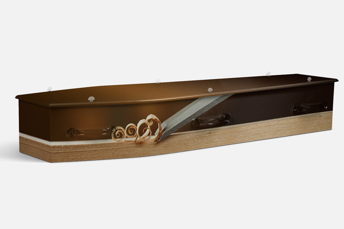 Woodworking coffin in dark timber tones with curled wood shavings and a wood plane along the base