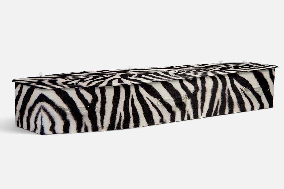 Zebra Print coffin in a close up zebra hide pattern of black and white stripes